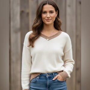 Madewell 100% Cashmere Cream Crewneck Sweater, Brown Neck Hem & Cuff Trim, XXS
